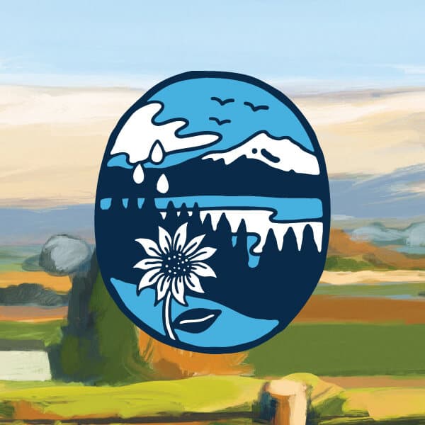 icon featuring sky, moutains, water and trees